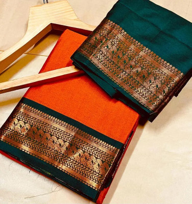 HR ENTERPRISE Printed Bollywood Cotton Silk Saree(Orange, Green)