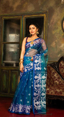 ADbutiq Digital Print Jamdani Handloom Muslin Saree(Blue)