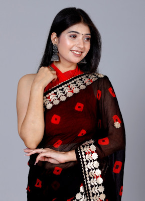 HouseOfCommon Self Design, Hand Painted, Digital Print, Color Block, Checkered Bandhani Chiffon Saree(Black)