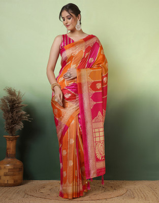 Sangria Printed Bollywood Silk Blend Saree(Multicolor, Pink, Orange)