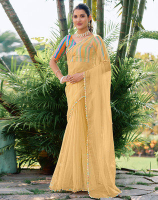 SIRIL Dyed, Embellished, Self Design Bollywood Net, Lace Saree(Yellow)