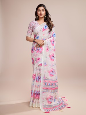 SHRIMAY Digital Print, Floral Print Bollywood Cotton Linen Saree(Multicolor, Pink)