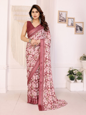 HouseOfCommon Digital Print, Floral Print Daily Wear Georgette, Satin Saree(Maroon)