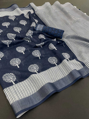 Tasrika Printed Bollywood Cotton Linen Saree(Black)