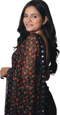 Radhe Fashion Printed Leheria Georgette Saree(Black)