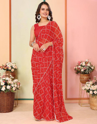 Samah Printed, Embellished Leheria Chiffon, Georgette Saree(Red, White)