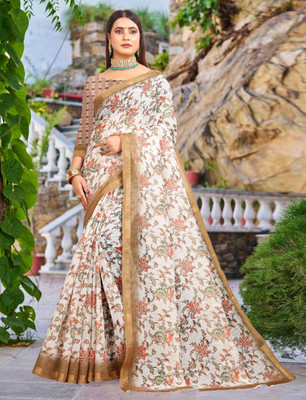 PRTRENDZ Printed Kanjivaram Pure Cotton, Cotton Linen Saree(Cream)