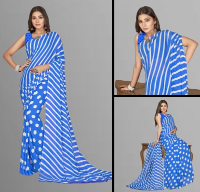 Anand Sarees Striped, Polka Print Daily Wear Georgette Saree(Blue)