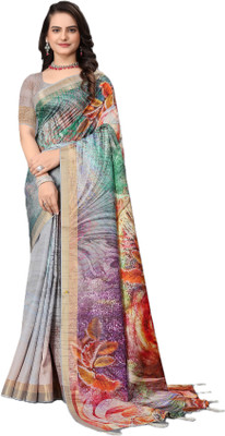 SHRIMAY Floral Print Bollywood Jute Silk Saree(Multicolor)