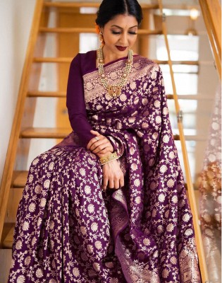 Satrani Woven, Embellished, Self Design Banarasi Art Silk Saree(Purple, Gold)