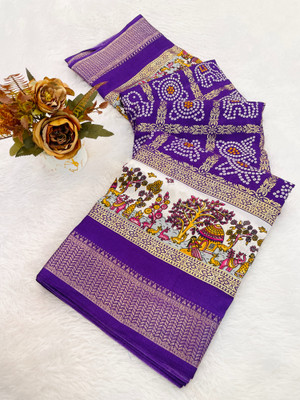 Julee Printed Bandhani Silk Blend Saree(Purple)