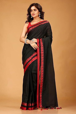 ANAMIKA Store Solid/Plain, Printed Handloom Cotton Blend Saree(Black, Red)