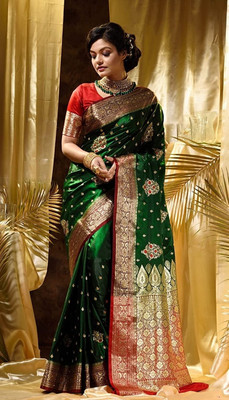 HouseOfCommon Woven Banarasi Satin Saree(Dark Green)