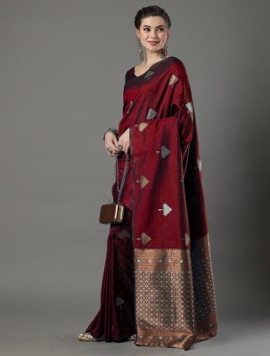 1ST STITCH FAB Woven, Embellished, Floral Print, Solid/Plain Kanjivaram Pure Silk, Art Silk Saree(Maroon)