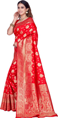 sorathiya enterprise Woven Banarasi Silk Blend Saree(Red)