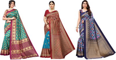 YASHIKA Printed Daily Wear Art Silk Saree(Pack of 3, Blue, Red)