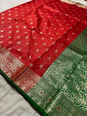 Satin Woven Banarasi Cotton Silk Saree(Red)