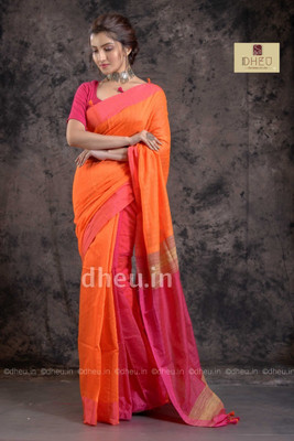 BiswasTextiles Self Design Handloom Cotton Silk Saree(Yellow)
