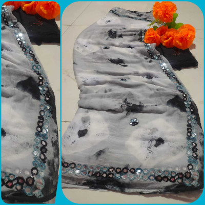 KHATRI AND SONS Polka Print, Color Block, Printed, Hand Painted, Embroidered Bollywood Chiffon, Nylon Saree(Grey)
