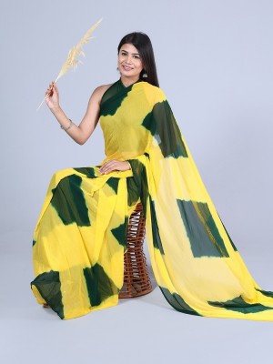 HouseOfCommon Self Design, Printed, Embellished, Hand Painted, Embroidered Leheria Chiffon Saree(Yellow, Green)