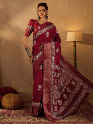 Anouk Rustic Printed Chinnalapattu Silk Blend Saree(Maroon)