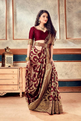 V And V Shop Woven Kanjivaram Jacquard, Jute Silk Saree(Maroon)