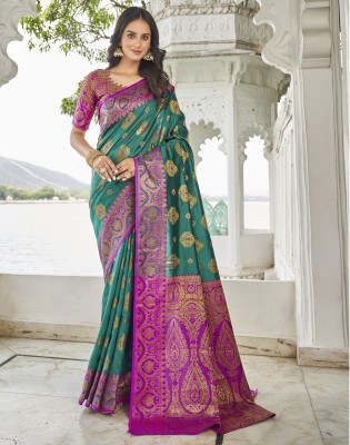 Satrani Dyed, Woven, Self Design Banarasi Silk Blend Saree(Dark Green, Magenta)