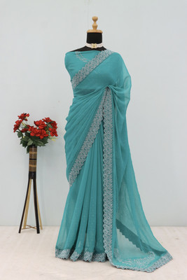 VarniRaaj Fashion Embellished Bollywood Organza Saree(Light Blue)