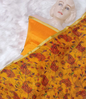 KREZVI Printed, Floral Print, Solid/Plain, Embellished Daily Wear Chiffon Saree(Yellow)