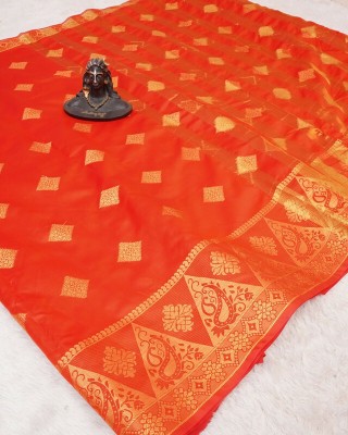 SHITHOOX Woven Kanjivaram Pure Silk Saree(Orange)