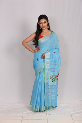Jharcraft Embroidered Handloom Linen Saree(Pink, Light Blue)