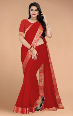 Volmina Solid/Plain, Woven Chanderi Cotton Blend Saree(Red)