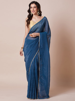 Sareemall Solid/Plain Bollywood Satin Saree(Blue)