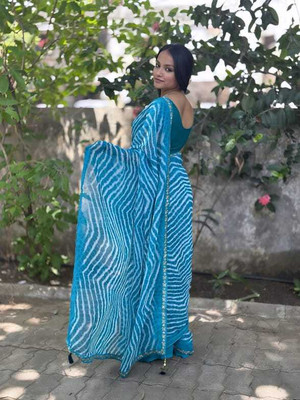 HouseOfCommon Printed Bollywood Georgette Saree(Light Blue)