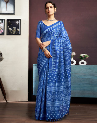 Samah Printed, Embellished Daily Wear Cotton Blend Saree(Dark Blue, White)