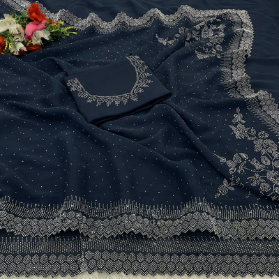 JENNYFEB Embellished Bollywood Organza Saree(Dark Blue)