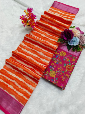 HouseOfCommon Woven Kanjivaram Pure Cotton, Cotton Linen Saree(Orange, Pink)