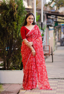 STAVA CREATION Printed Bollywood Georgette Saree(Red)