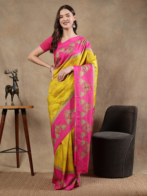 BALOOBI Digital Print Daily Wear Silk Blend Saree(Yellow)