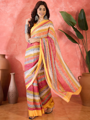 Sangria Printed Saree with Attached Blouse Chiffon Saree(Yellow)