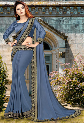 HNC Retail Temple Border, Solid/Plain Bollywood Lycra Blend, Chiffon Saree(Grey, Gold)
