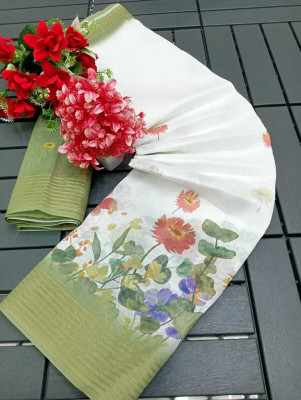 HouseOfCommon Floral Print Kanjivaram Chanderi, Pure Silk Saree(White, Green)