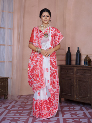 Niwaa Printed, Self Design, Floral Print, Embellished, Woven Jamdani Cotton Blend, Jacquard Saree(White, Red)
