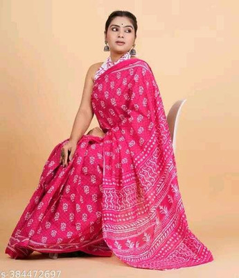 NIKHILAM Printed Daily Wear Pure Cotton Saree(Pink)
