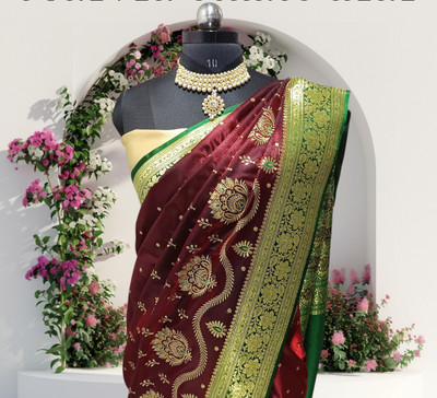 HouseOfCommon Woven Banarasi Handloom Silk Blend Saree(Brown)