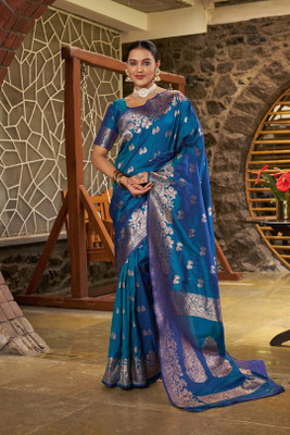 Aadvika Woven Kanjivaram Art Silk, Pure Silk Saree(Blue)
