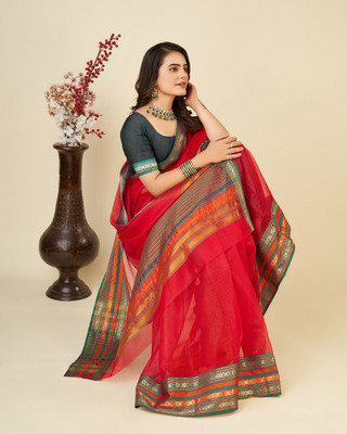JIADIA Self Design Kota Doria Cotton Silk Saree(Red)