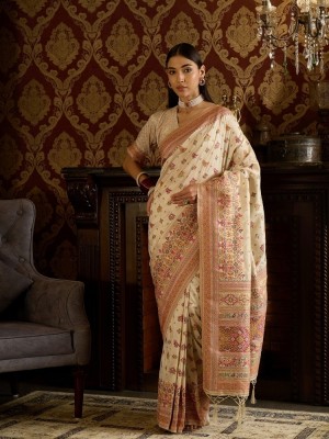 Tasrika Woven, Self Design Banarasi Pure Silk, Jacquard Saree(Beige)