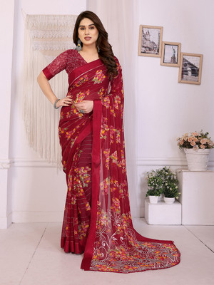 Moda Rapido Embellished, Floral Print Bollywood Georgette, Satin Saree(Red)