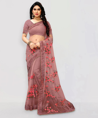 PATLANI STYLE Embroidered Bollywood Net Saree(Brown)